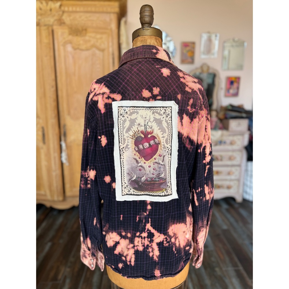 Bleach Dyed Western Flannel Sacred Heart Patch Shirt M/L - Picture 7 of 8